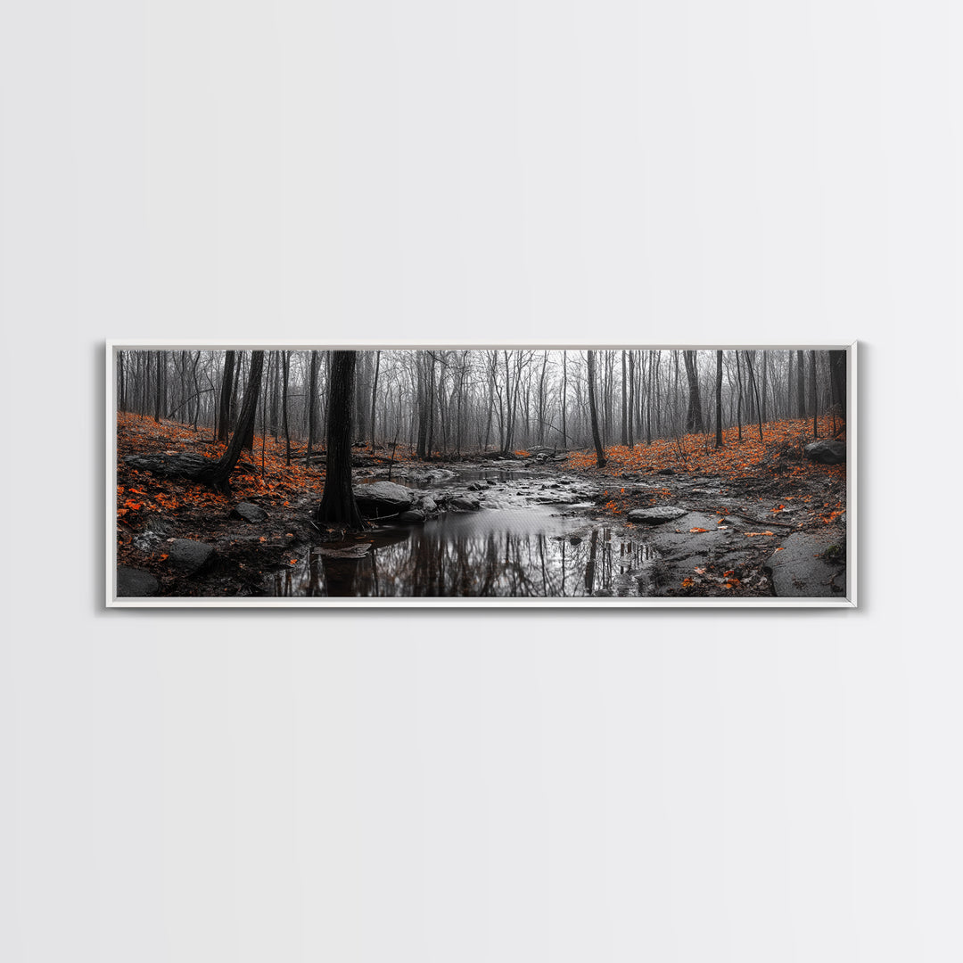 Autumn Forest Stream, Bare Trees, Orange Leaves, Framed Canvas Print, Fall Wall Art, Cozy Nature Scene, Entryway Decor