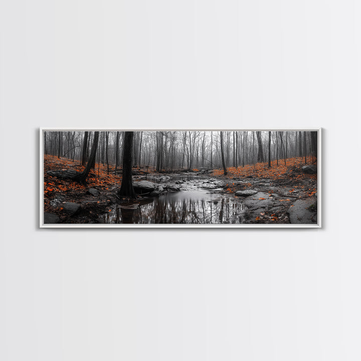 Autumn Forest Stream, Bare Trees, Orange Leaves, Framed Canvas Print, Fall Wall Art, Cozy Nature Scene, Entryway Decor