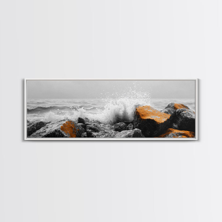 Orange Splash Rocks, Coastal Waves, Sea Spray Art, Canvas Print, Modern Beach Decor, Nature Wall Art, Bold Ocean Landscape