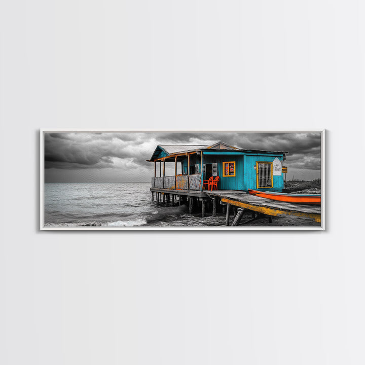 Rustic Shack, Ocean Pier, Stormy Skies, Tropical Retreat, Framed Canvas Print, Nautical Wall Art, Beach Cabin Decor, Lake House Style