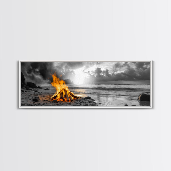Beach Bonfire Glow, Autumn Coastal Scene, Campfire Photography, Canvas Print, Rustic Living Room or Cabin Wall Art, Fall Decor