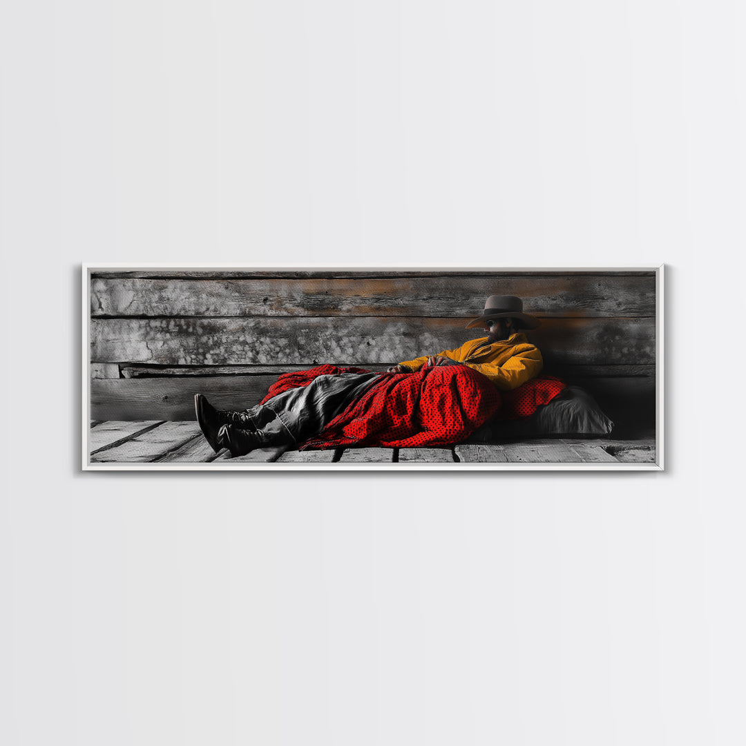 Cowboy Resting, Rustic Cabin Scene, Western Americana, Framed Canvas Print, Fall Wall Art, Bedroom or Study Western Style Decor