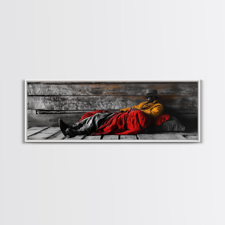 Cowboy Resting, Rustic Cabin Scene, Western Americana, Framed Canvas Print, Fall Wall Art, Bedroom or Study Western Style Decor