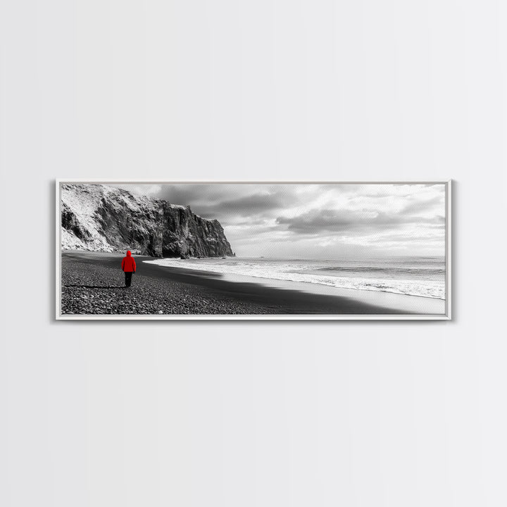 Red Jacket Wanderer, Moody Coastal Cliff Scene, Monochrome Photography, Framed Canvas Print, Modern Minimalist Office Wall Art