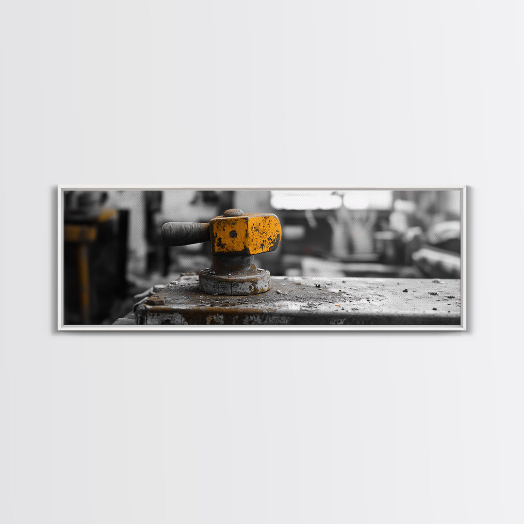 Yellow Metal Lever, Industrial Machine Detail, Workshop Photography, Gritty Rustic Vibe, Canvas Print, Garage Wall Art, Urban Loft Decor