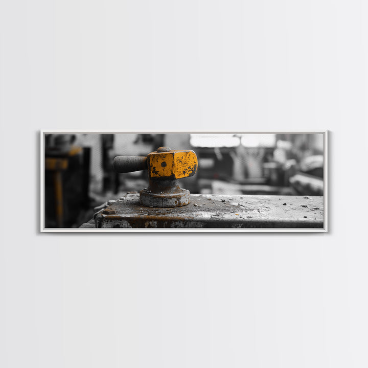 Yellow Metal Lever, Industrial Machine Detail, Workshop Photography, Gritty Rustic Vibe, Canvas Print, Garage Wall Art, Urban Loft Decor