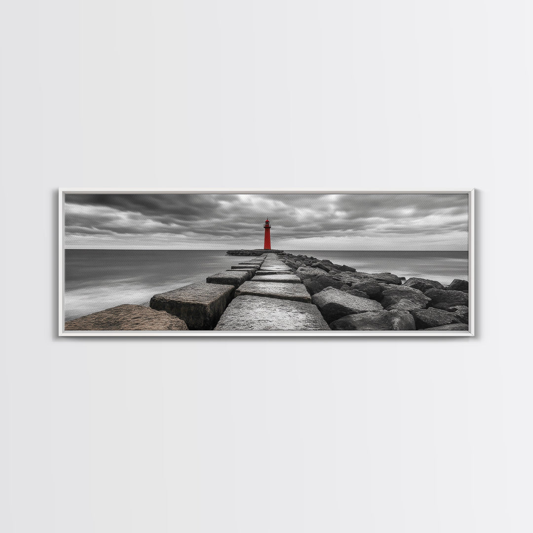 Red Lighthouse Coast, Seaside Rock Jetty, Stormy Sky Mood, Nautical Beacon View, Canvas Print, Bathroom Wall Art, Coastal Modern Decor