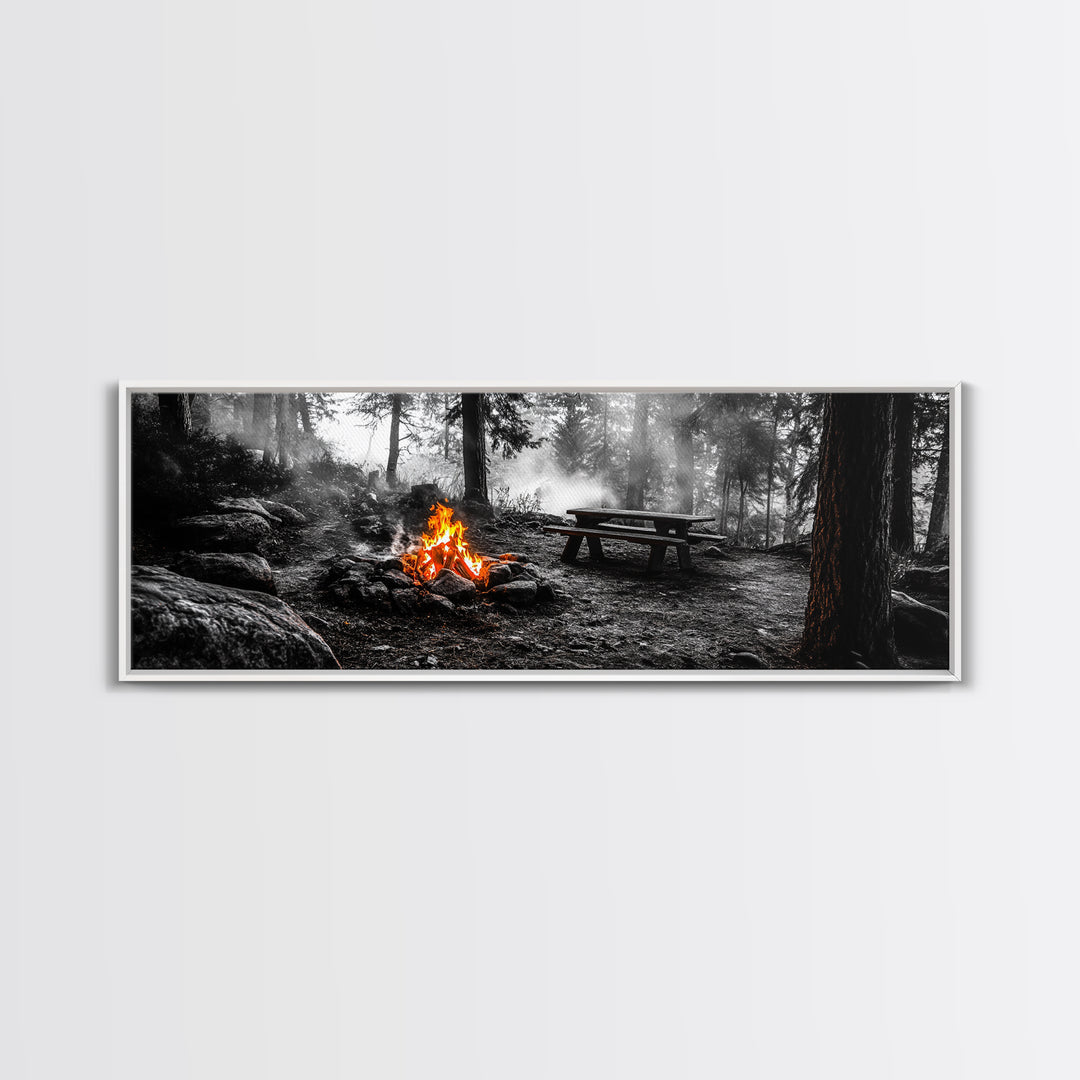 Forest Firepit, Picnic Spot, Smoky Trees, Nature Flame, Canvas Print, Fall Wall Art, Camping Cabin Decor, Rustic Outdoor Style