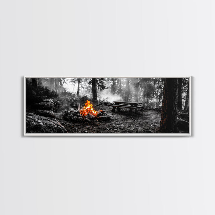 Forest Firepit, Picnic Spot, Smoky Trees, Nature Flame, Canvas Print, Fall Wall Art, Camping Cabin Decor, Rustic Outdoor Style