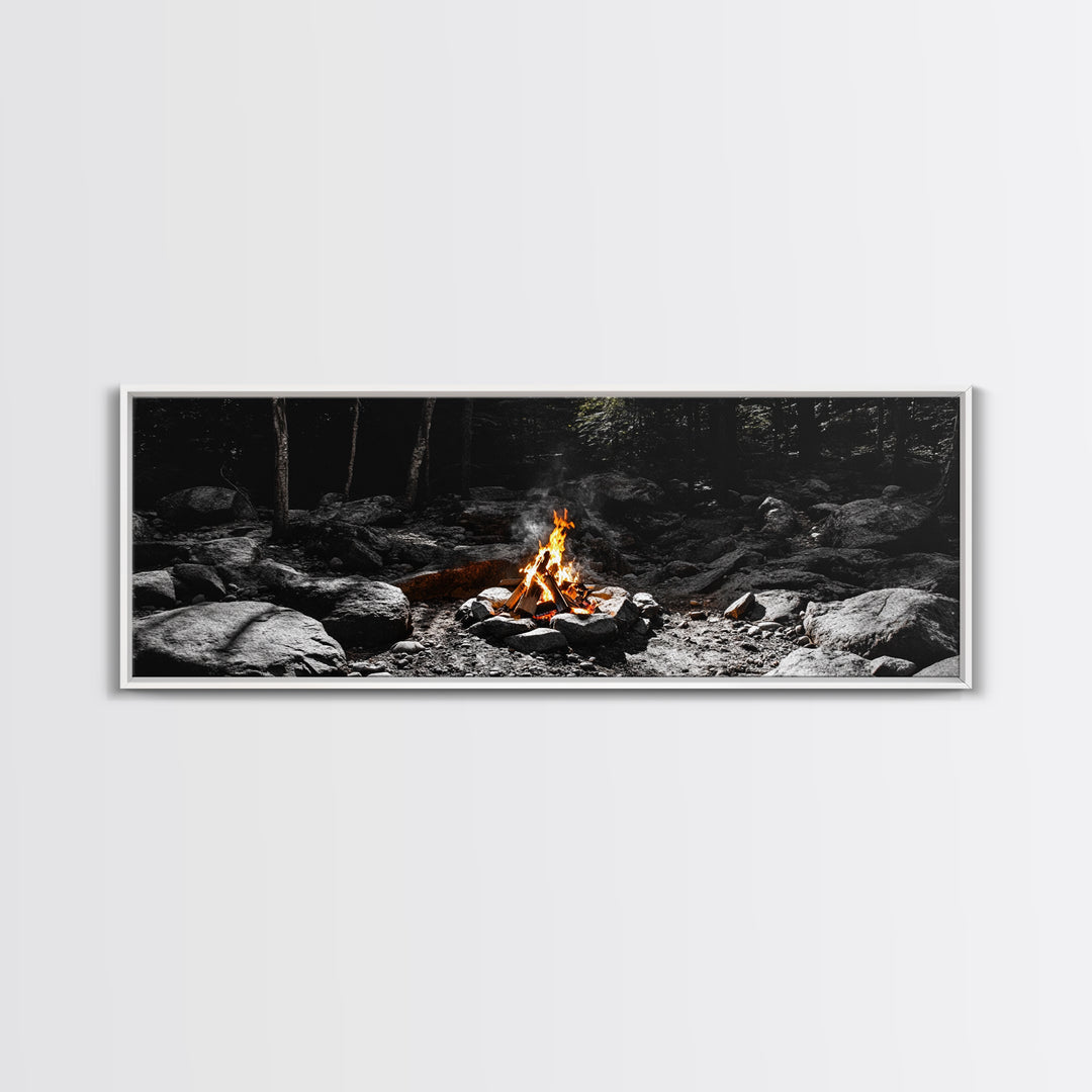 Stone Circle, Night Fire, Forest Blaze, Cozy Gathering, Canvas Print, Wilderness Wall Art, Fall Camping Decor, Rustic Cabin Style