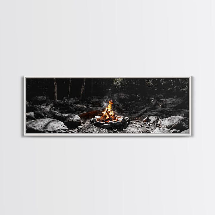 Stone Circle, Night Fire, Forest Blaze, Cozy Gathering, Canvas Print, Wilderness Wall Art, Fall Camping Decor, Rustic Cabin Style
