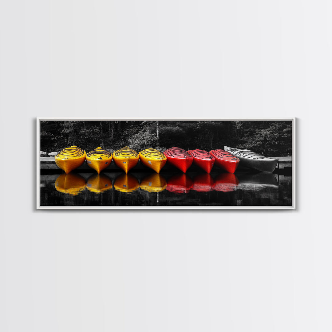 Canoes Docked, Reflection Scene, Kayak Art, Framed Canvas Print, Adventure Wall Art, Boho Water Sports, Cabin Living Room Decor