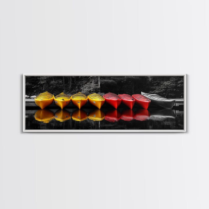 Canoes Docked, Reflection Scene, Kayak Art, Framed Canvas Print, Adventure Wall Art, Boho Water Sports, Cabin Living Room Decor