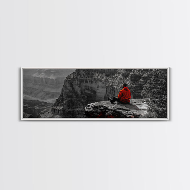 Grand Canyon, Meditation Art, Red Jacket, Adventure Scene, Framed Canvas Print, Hiking Wall Art, Man Cave Decor, Minimalist Landscape