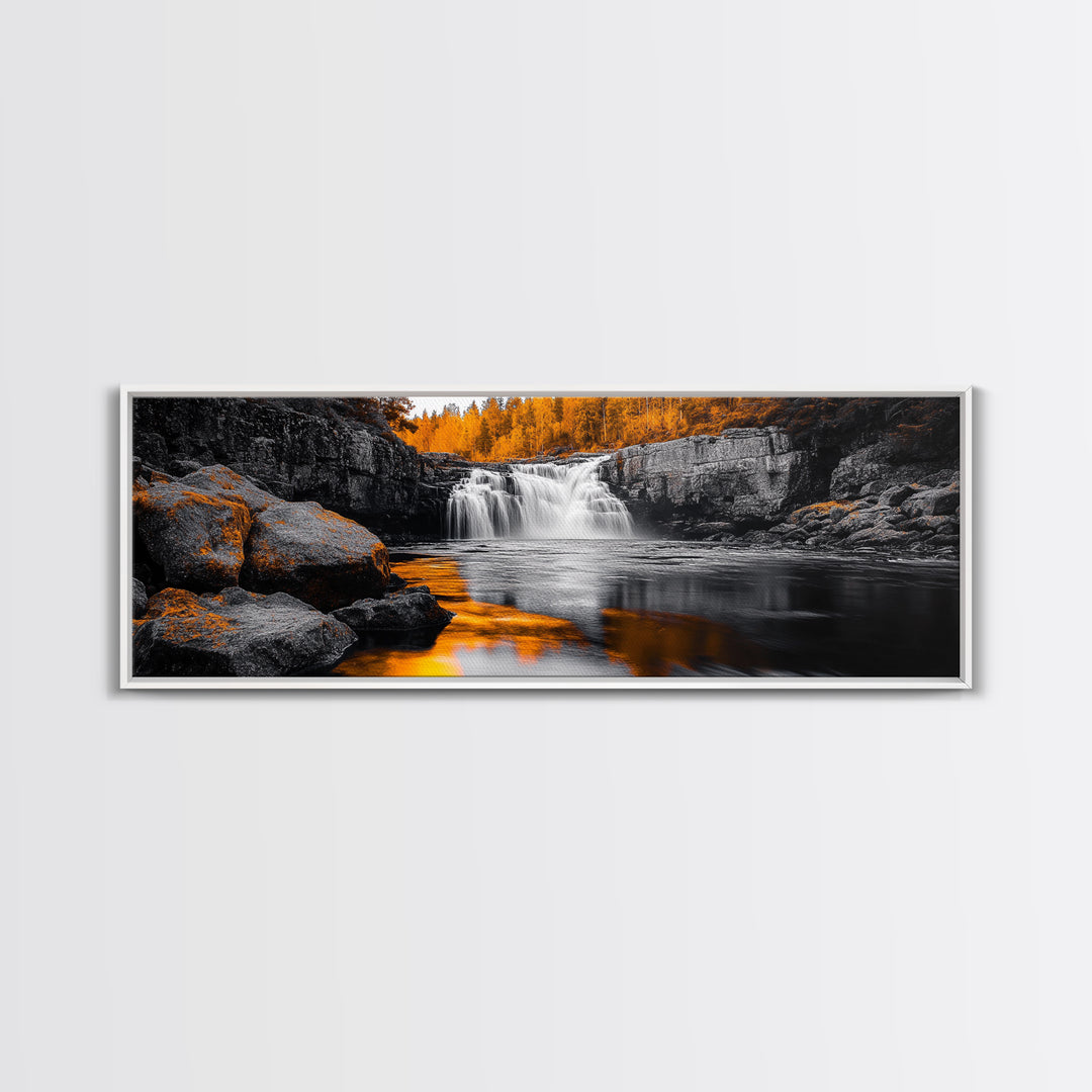Autumn Waterfall, Fall Trees, Golden Reflections, Tranquil Scene, Framed Canvas Print, Nature Wall Art, Seasonal Decor, Cozy Living Room
