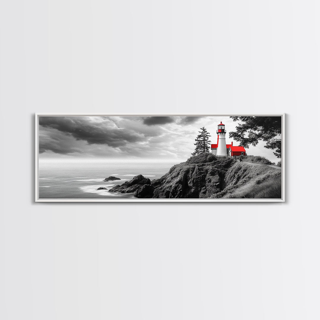 Coastal Lighthouse, Ocean Cliffs, Red Roof, Nautical Beacon, Framed Canvas Print, Bathroom Wall Art, Minimalist Coastal Decor, Seaside Vibe
