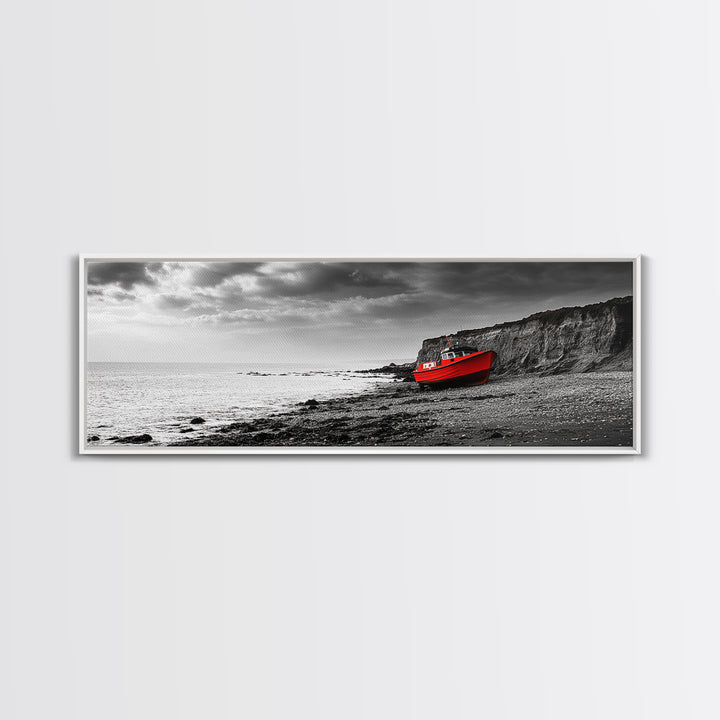 Red Boat, Rocky Shore, Dramatic Sky, Abandoned Vessel, Framed Canvas Print, Nautical Living Room Art, Moody Coastal Home Decor