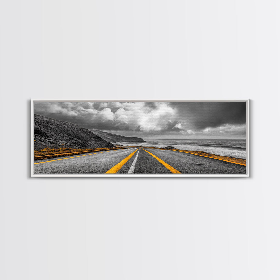 Coastal Highway Drive, Scenic Ocean Road, Stormy Sky Vibes, Framed Canvas Print, Modern Wall Art, Office Decor, Monochrome Landscape