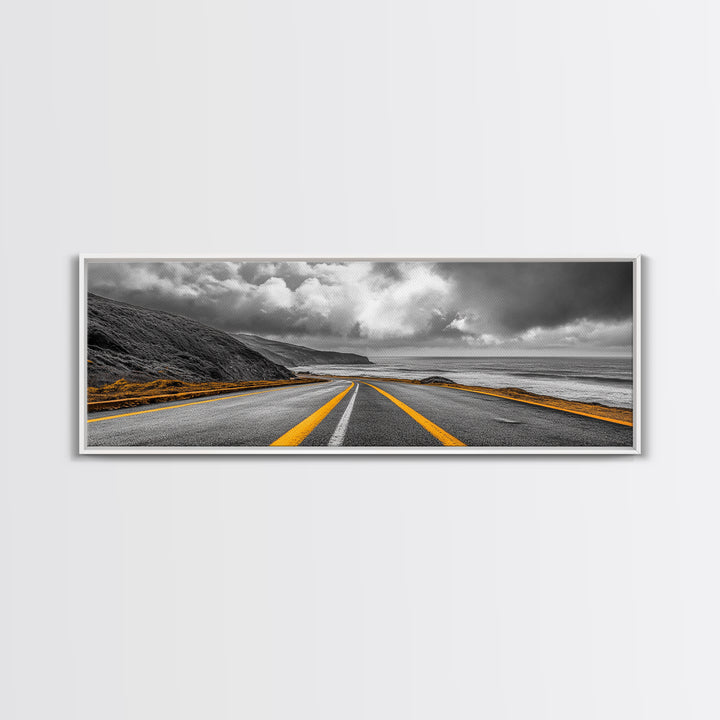 Coastal Highway Drive, Scenic Ocean Road, Stormy Sky Vibes, Framed Canvas Print, Modern Wall Art, Office Decor, Monochrome Landscape