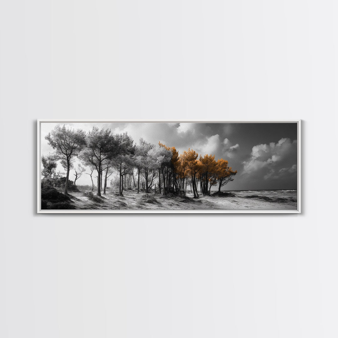 Autumn Forest Trees, Windswept Pine Grove, Beachside View, Framed Canvas Print, Fall Wall Art, Entryway Decor, Minimalist Style