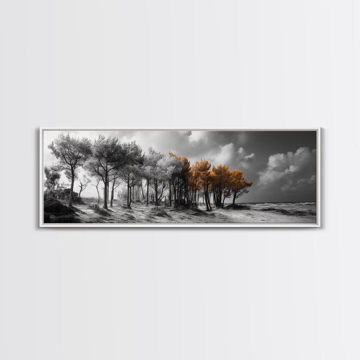 Autumn Forest Trees, Windswept Pine Grove, Beachside View, Framed Canvas Print, Fall Wall Art, Entryway Decor, Minimalist Style