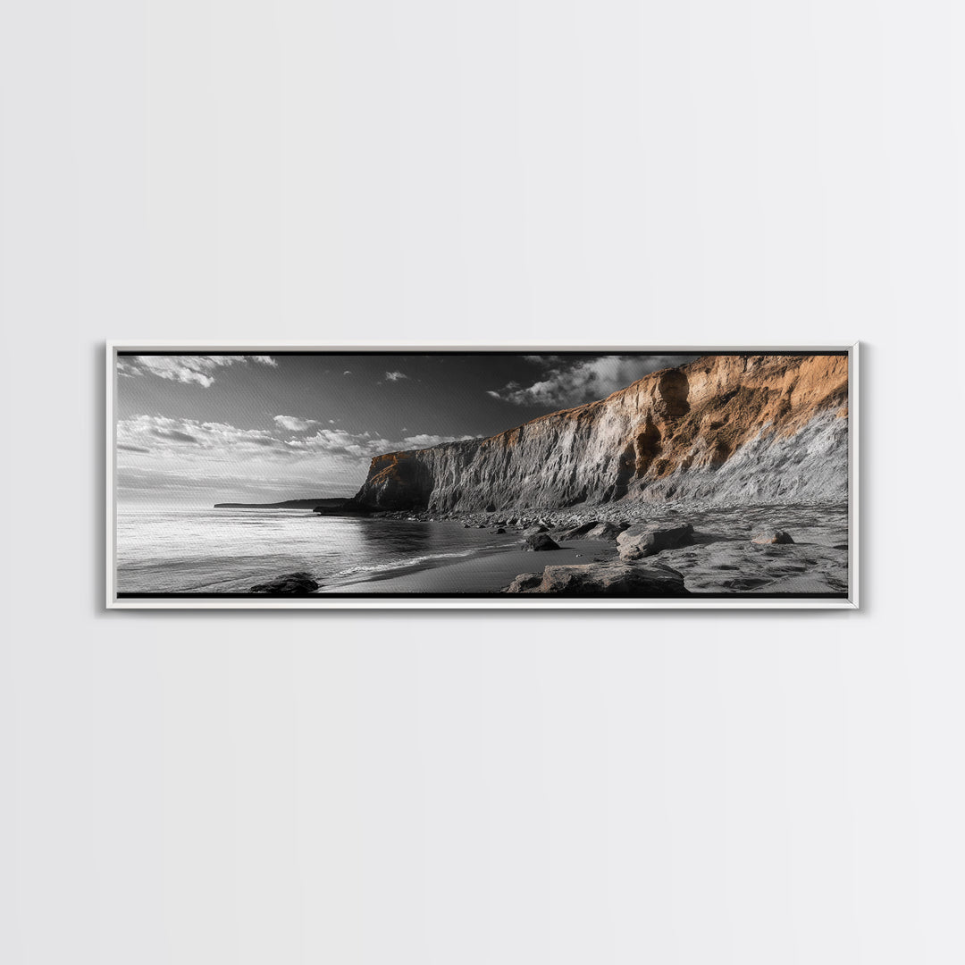 Coastal Cliffs Sunset, Rugged Shoreline Scene, Seaside Beauty, Framed Canvas Print, Earth Tone Art, Living Room Decor, Nature Wall Art