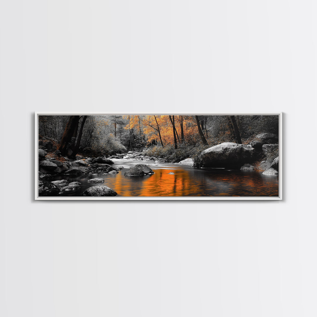 Autumn River Scene, Fall Forest Landscape, Tranquil Waters, Framed Canvas Print, Rustic Wall Art, Cabin Decor, Moody Photography