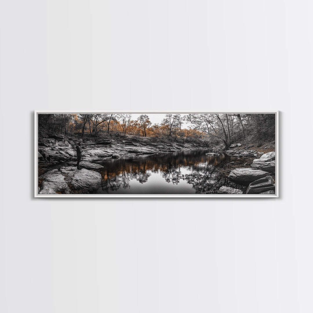 Peaceful Creek View, Fall Foliage Forest, Nature Wall Art, Fishing Scene, Framed Canvas Print, Rustic Home Decor, Autumn Photography