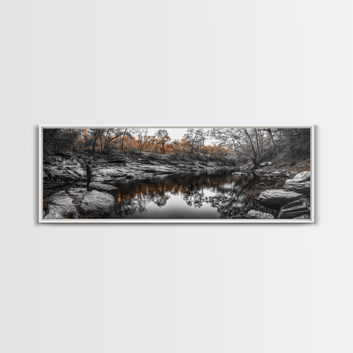 Peaceful Creek View, Fall Foliage Forest, Nature Wall Art, Fishing Scene, Framed Canvas Print, Rustic Home Decor, Autumn Photography