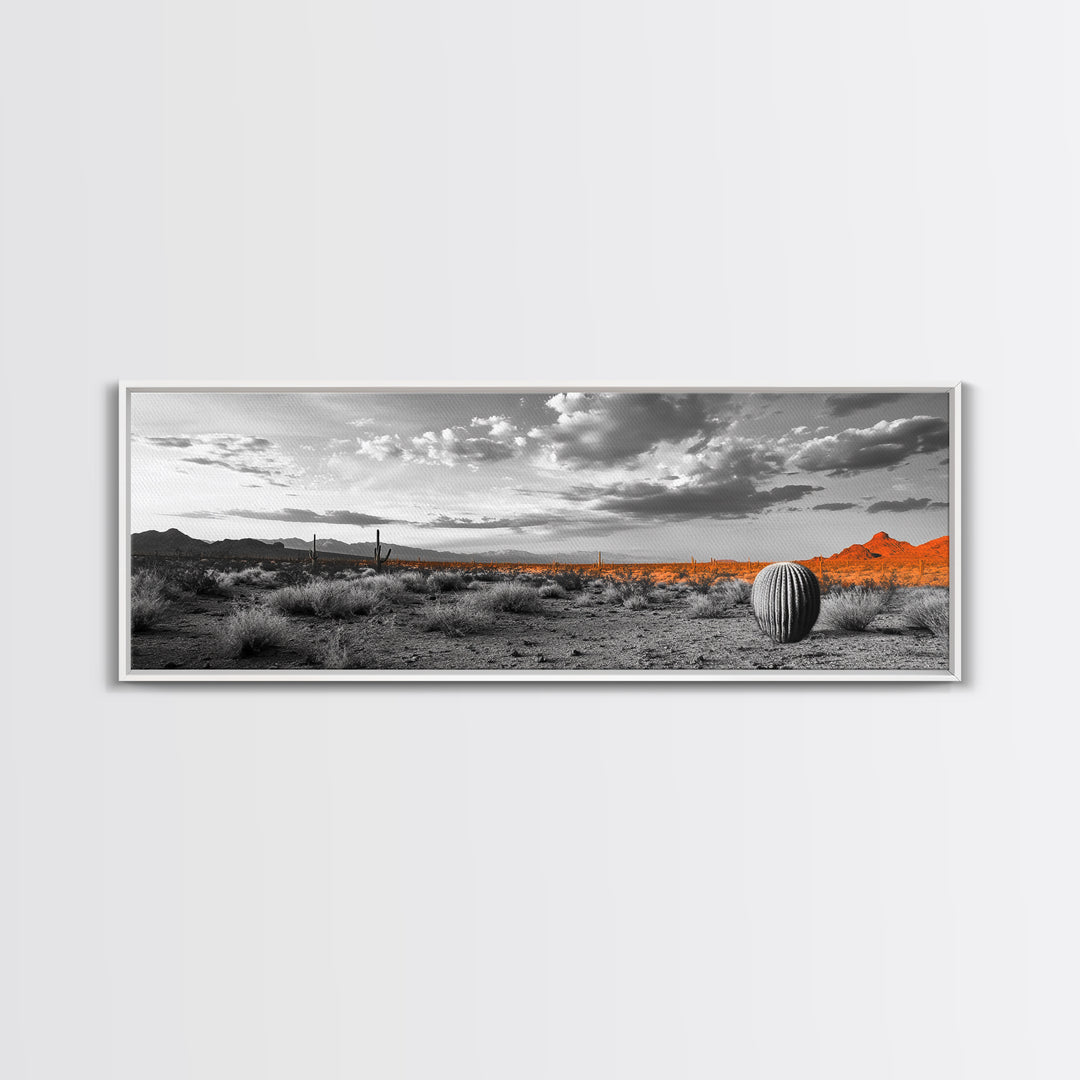 Arizona Desert Cactus, Orange Sunset Landscape, Saguaro Art, Framed Canvas Print, Western Wall Decor, Rustic Living Room Accent
