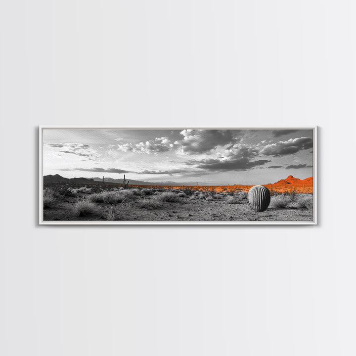 Arizona Desert Cactus, Orange Sunset Landscape, Saguaro Art, Framed Canvas Print, Western Wall Decor, Rustic Living Room Accent