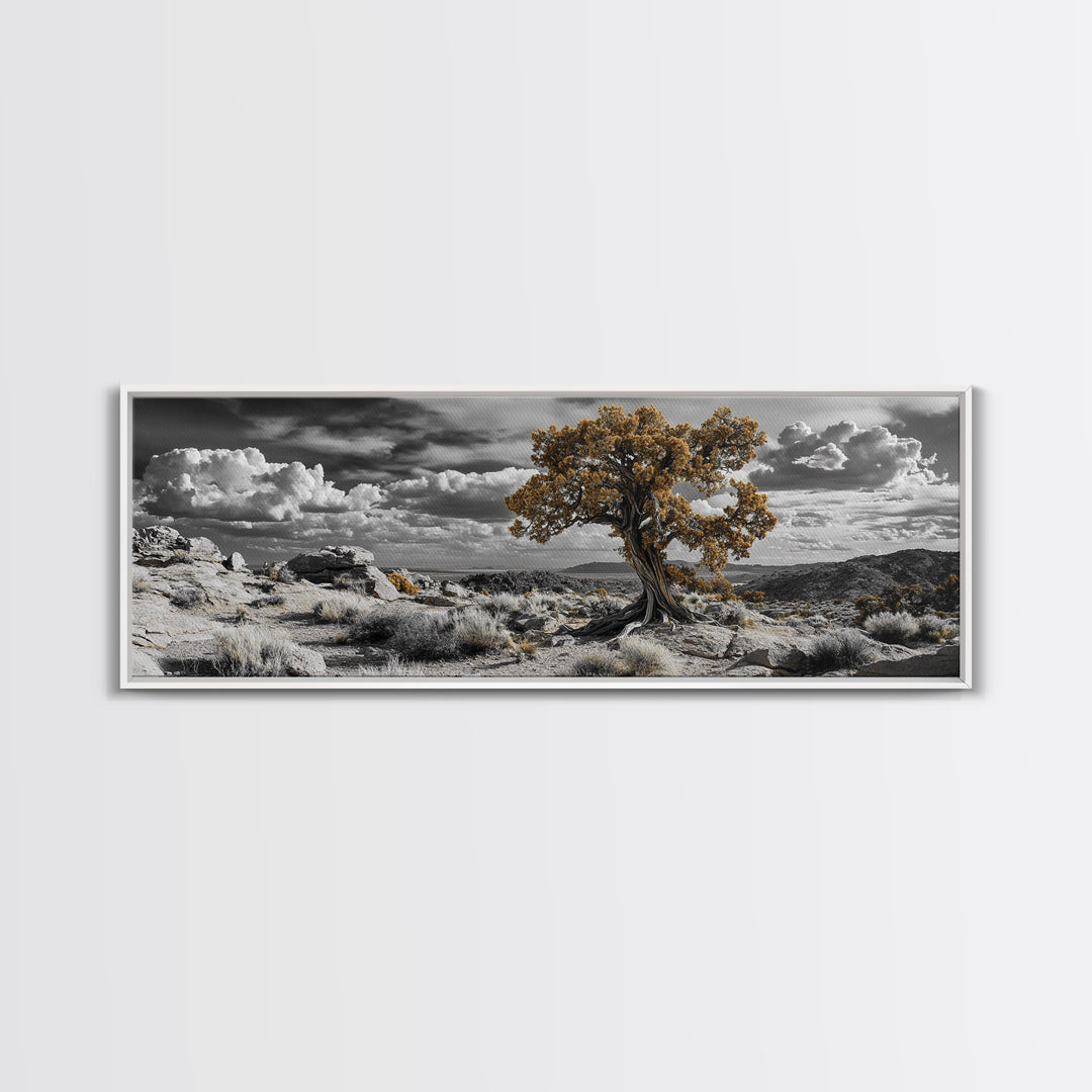 Twisted Desert Tree, Rocky Canyon Art, Dramatic Sky Nature Scene, Framed Canvas Print, Rustic Wall Decor, Moody Western Home Aesthetic