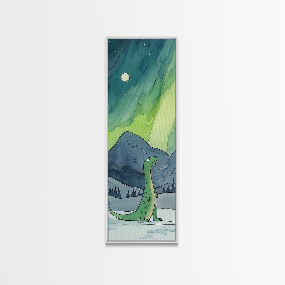 Whimsical Green Dinosaur Under Aurora Wall Art, Kids Room Canvas Print, Northern Lights Nursery Decor, Fantasy Art Gift
