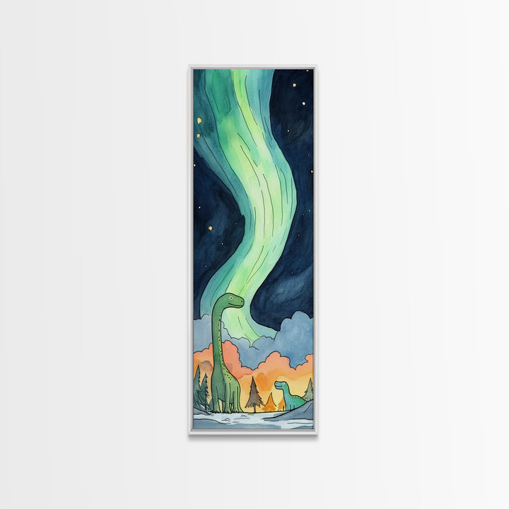 Two Gentle Dinosaurs Beneath Aurora Wall Art, Whimsical Kids Room Canvas Print, Fantasy Nursery Decor, Cute Animal Gift