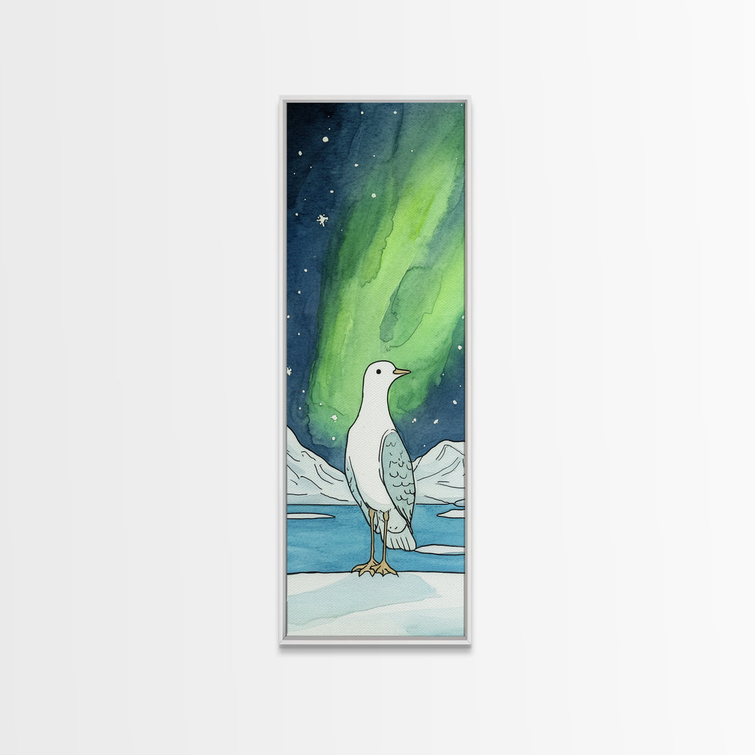 White Seabird In Icy Aurora Landscape Wall Art, Arctic Bird Canvas Print, Coastal Wildlife Decor, Nursery Nature Gift, Art Print