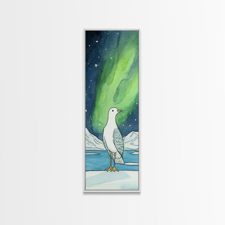 White Seabird In Icy Aurora Landscape Wall Art, Arctic Bird Canvas Print, Coastal Wildlife Decor, Nursery Nature Gift, Art Print