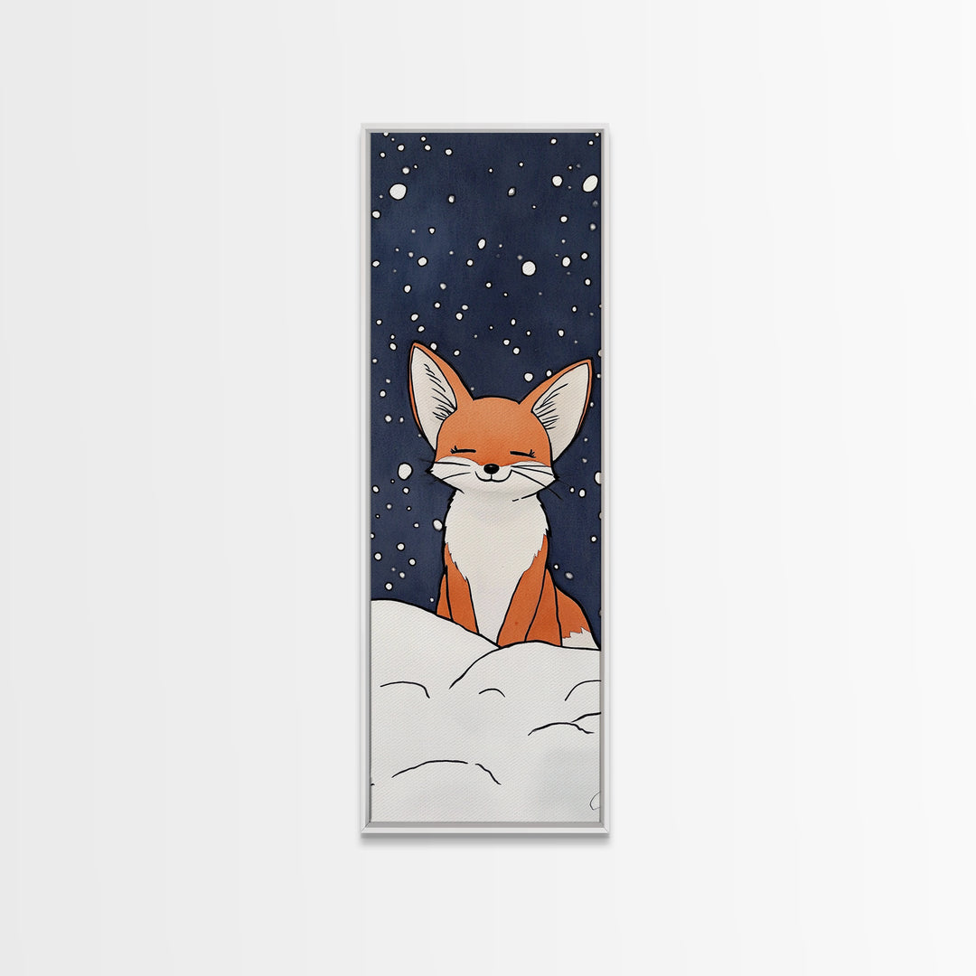 Sleepy Fox In Snowy Night Canvas Print, Whimsical Animal Art, Woodland Nursery Decor, Kids Room Wall Decor, Winter Wall Art