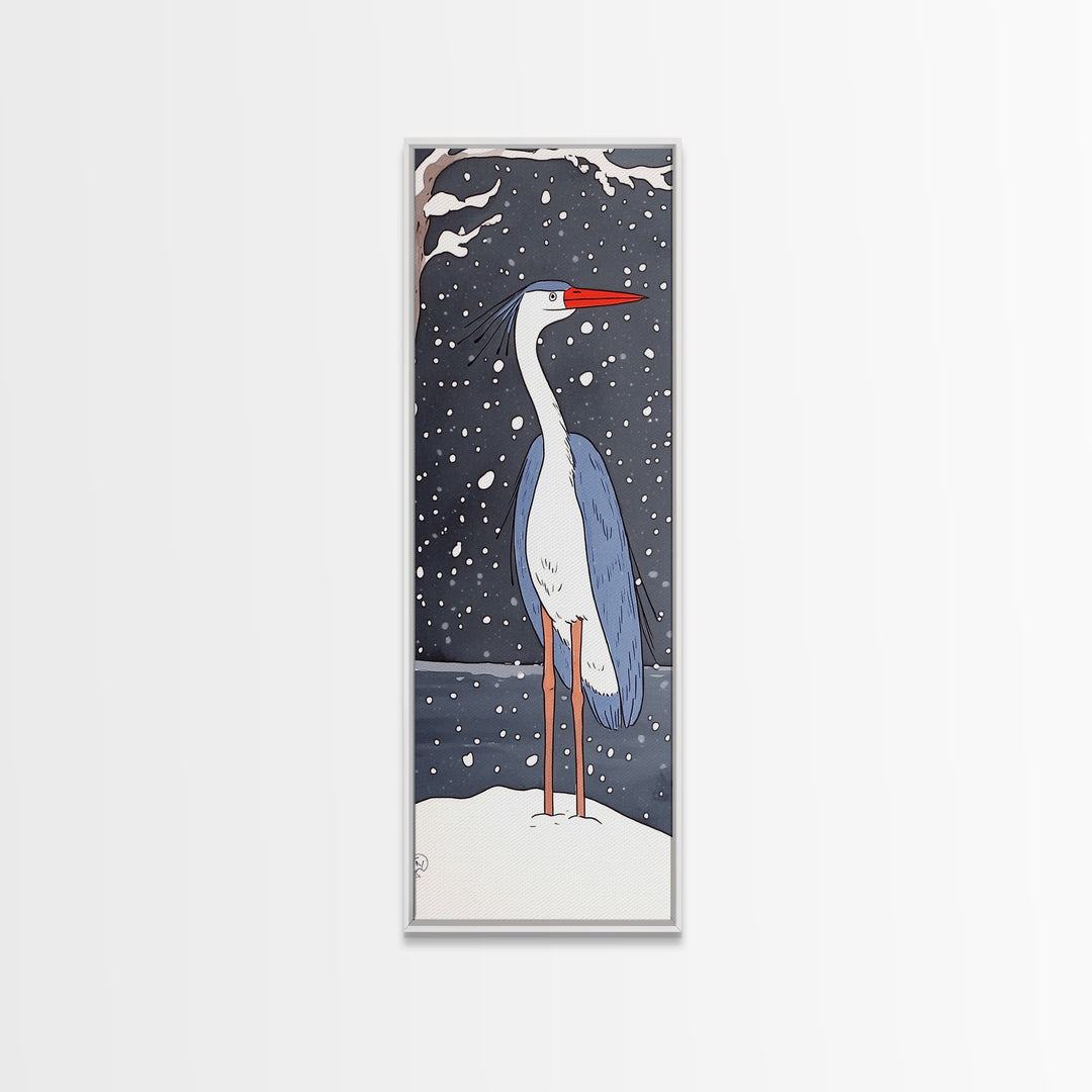 Snowy Heron With Red Beak Framed Canvas Print, Winter Bird Wall Art, Coastal Wall Decor, Animal Art Print, Nature Decor, Gift