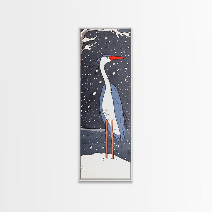 Snowy Heron With Red Beak Framed Canvas Print, Winter Bird Wall Art, Coastal Wall Decor, Animal Art Print, Nature Decor, Gift