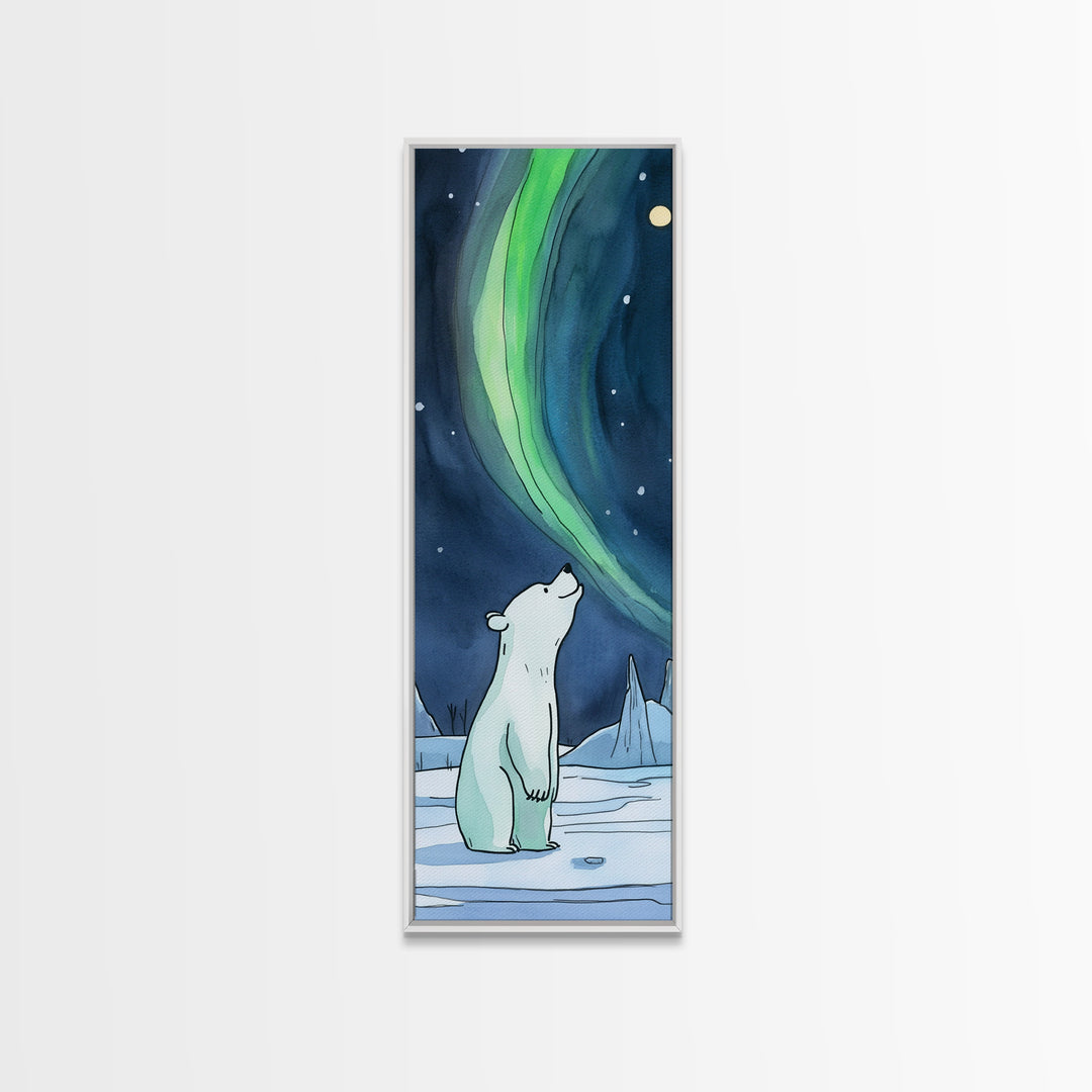 Polar Bear Watching Northern Lights Wall Art, Aurora Canvas Print, Arctic Animal Art, Nursery Decor, Winter Nature Wall Decor