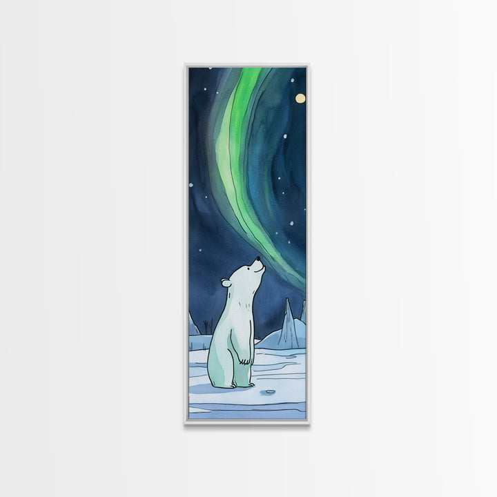 Polar Bear Watching Northern Lights Wall Art, Aurora Canvas Print, Arctic Animal Art, Nursery Decor, Winter Nature Wall Decor