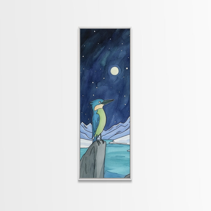 Moonlit Kingfisher On Arctic Ice Wall Art, Whimsical Bird Print, Celestial Night Sky Decor, Kids Room Art Gift, Nursery Decor