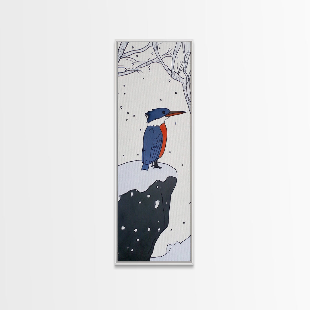 Snowy Kingfisher In Winter Forest Wall Art, Blue Orange Bird Print, Whimsical Woodland Decor, Nursery Room Gift, Kids Wall Art