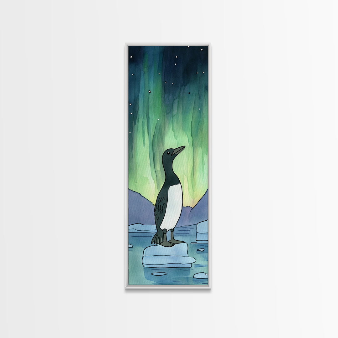 Penguin Under Northern Lights Wall Art, Aurora Night Sky Canvas Print, Whimsical Polar Animal Decor, Nursery Gift, Kids Room
