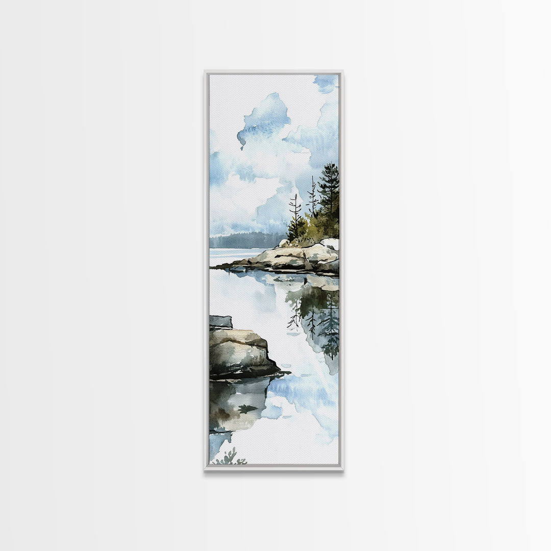 Quiet Rocky Lake And Pine Reflection Framed Canvas Print, Watercolor Landscape Wall Art, Nature Decor, Living Room Art Print
