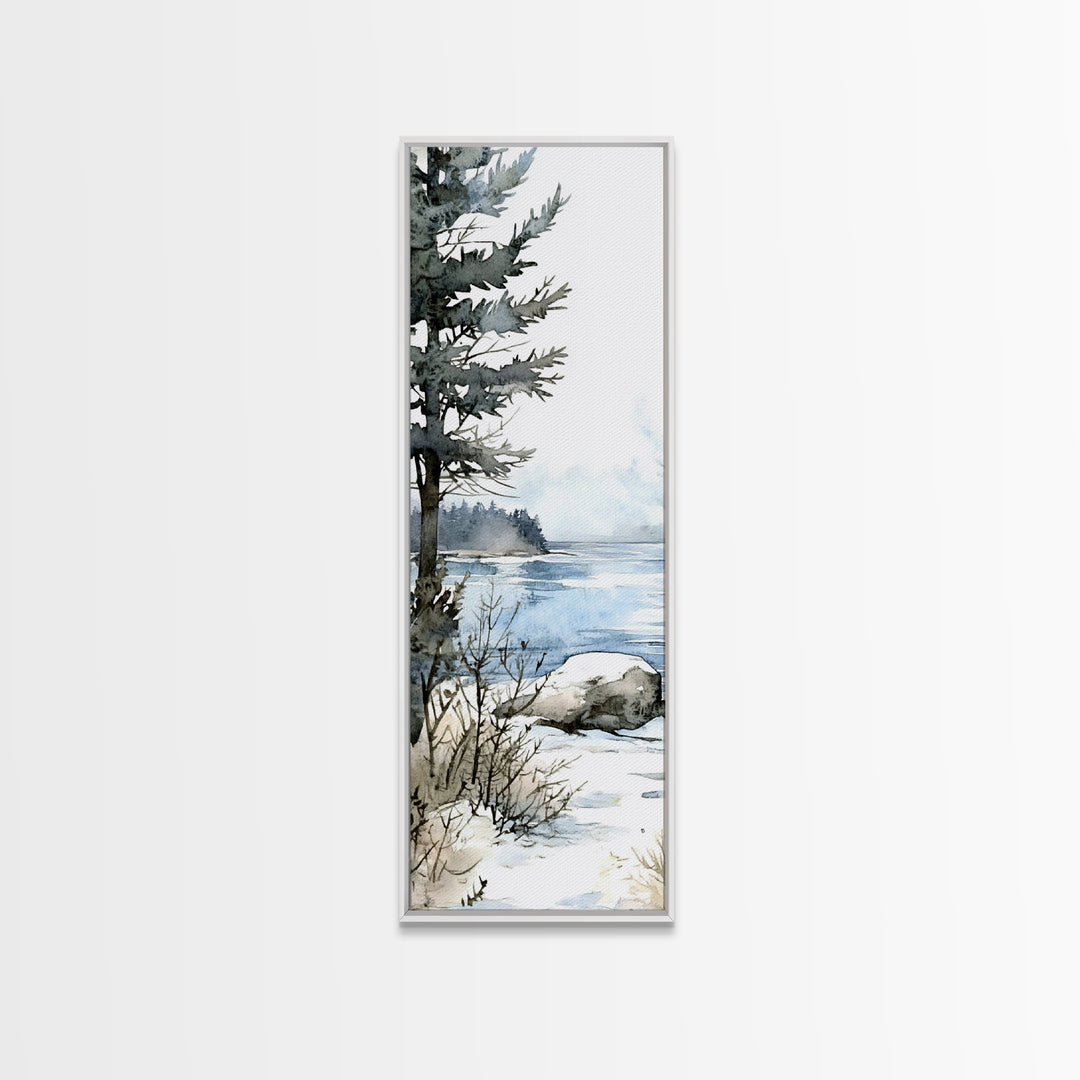 Pine Tree By Frozen Lake Framed Canvas Print, Winter Coastal Landscape Wall Art, Cabin Decor, Scandinavian Wall Decor Gift