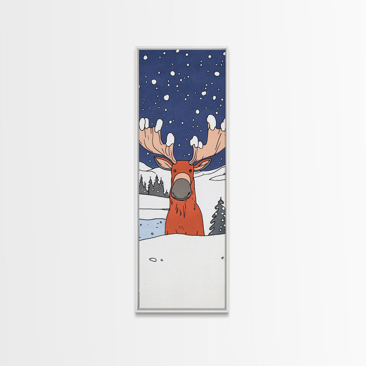 Whimsical Moose In Snow Wall Art, Cute Animal Print For Nursery Decor, Winter Woodland Kids Room Decor, Housewarming Gift