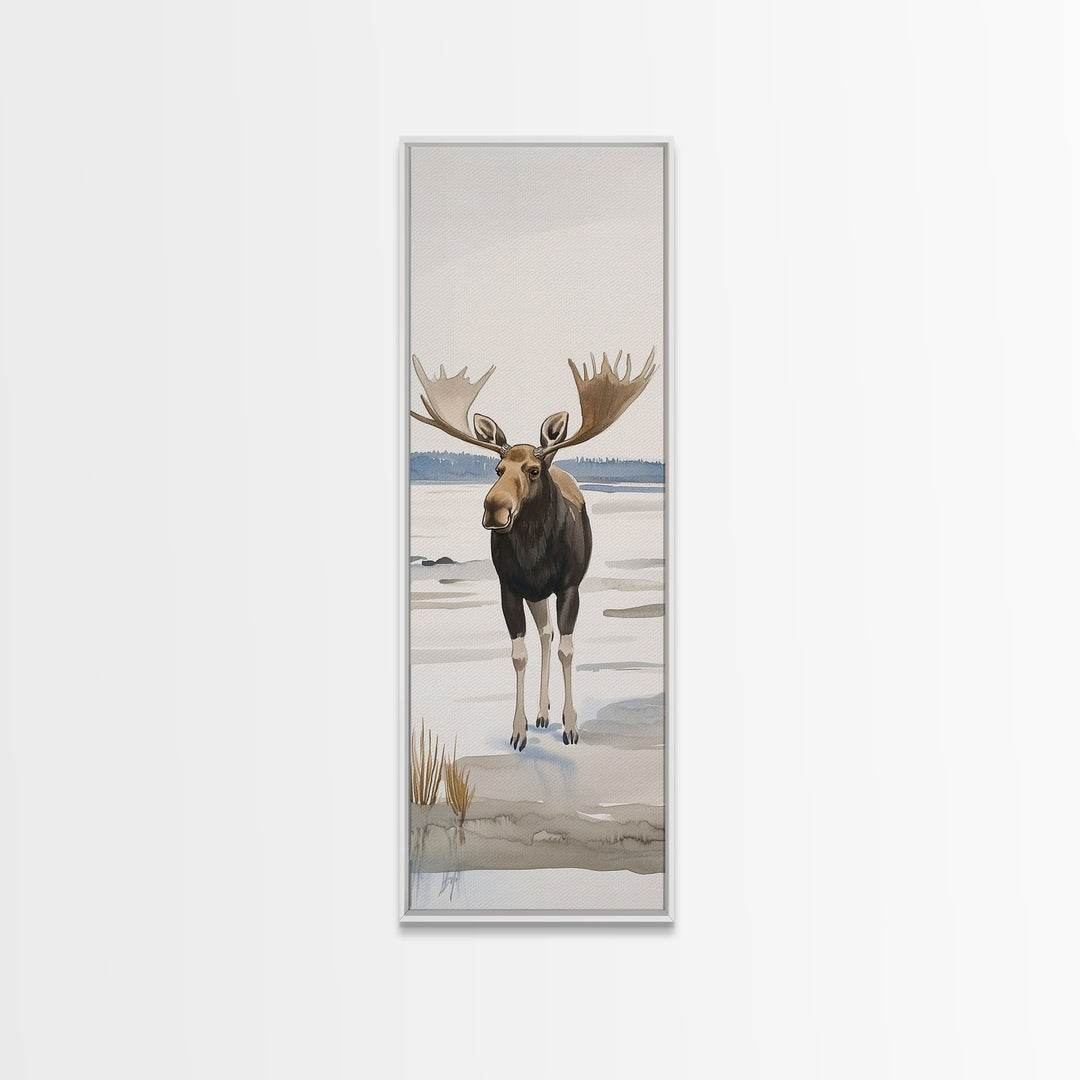 Snowy Moose Watercolor Wall Art, Rustic Wildlife Print, Cabin Decor, Winter Landscape Art, Nature Lover Housewarming Gift
