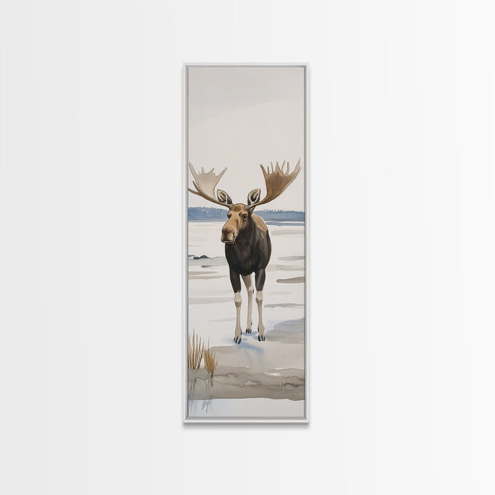 Snowy Moose Watercolor Wall Art, Rustic Wildlife Print, Cabin Decor, Winter Landscape Art, Nature Lover Housewarming Gift