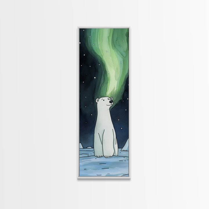 Polar Bear Northern Lights Canvas Print Cute Arctic Animal Art, Celestial Nursery Decor, Kids Room Wall Art Gift For Baby Shower